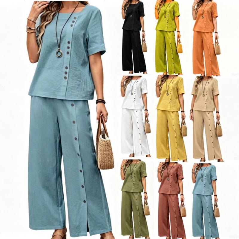 Women's Fashionable Loose Round-neck Button Short-sleeved Shirt and Wide-leg Pants Set