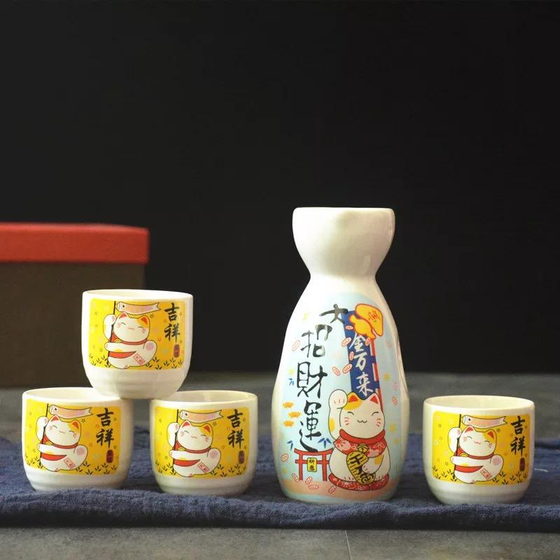 5 шт./компл., японская керамическая бутылка для вина Lucky Cat Sake, креативная фляжка Maneki Neko, ликер, спиртные напитки, чашка для вина, посуда для напитков