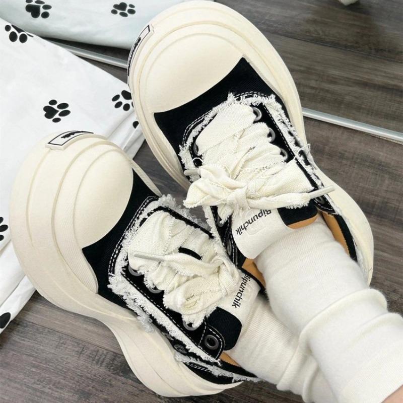 Bandage Canvas Shoes Black and White Couple's Big Head Shoes Guochao Platform Soles Men's and Women's Trend Versatile Heightening Board Shoes Tide
