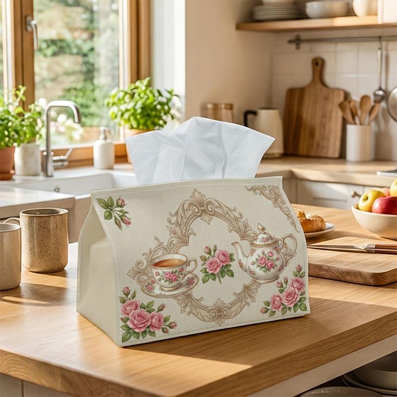 1pc Shabby Chic Tea Time Tissue Box - Multi-functional Napkin Dispenser, Two Sizes Available Made of Durable Polyester, Decorated with Teacup Rose Flo