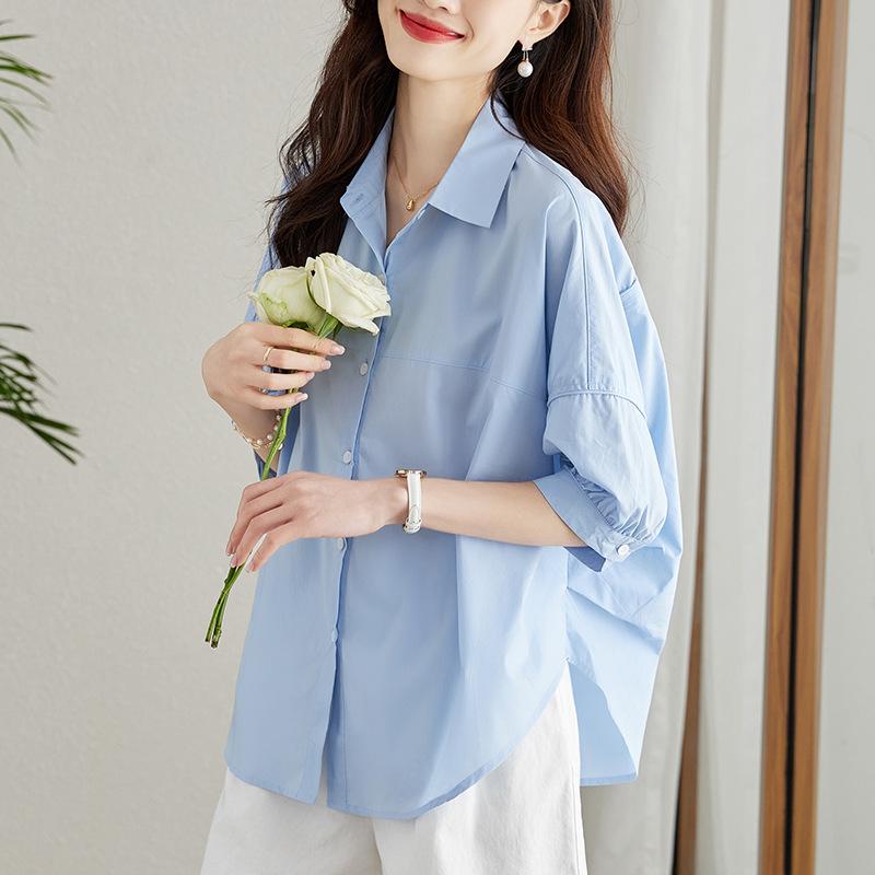 Blue Shirt Women's Middle Sleeves Summer New Loose and Thin Casual Pure Cotton Shirt
