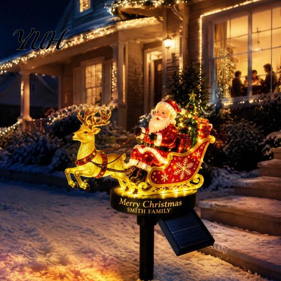 Holiday Landscaping Lighting Santa And Reindeer Sleigh Solar Garden Stake Light, Warm LED Christmas Pathway Decorative Lawn for Lamp, Powered Outdoor