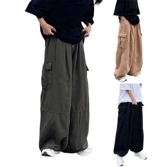 Men Pants with Multi Pockets Elastic Waist Wide Leg Oversized Vintage Cargo Pants Solid Color Streetwear Slacks for Outdoor Hiking Camping