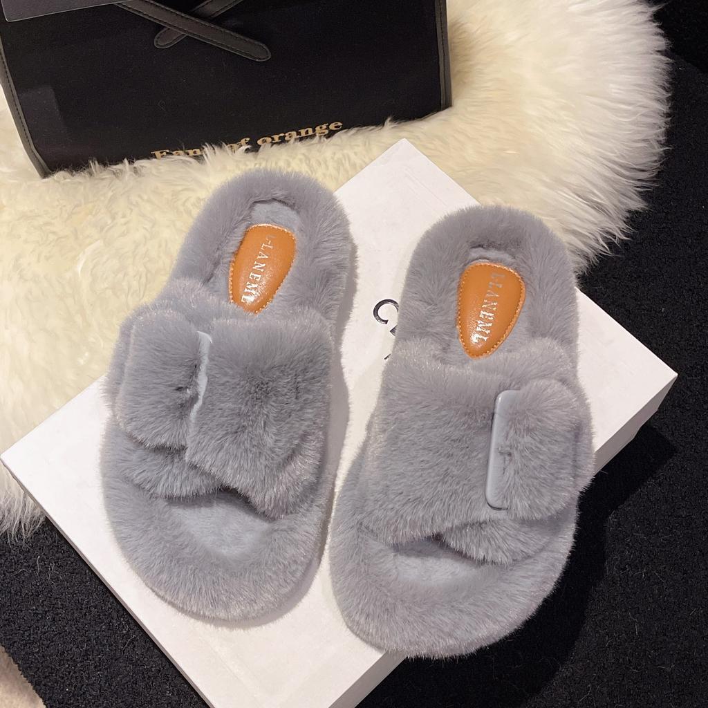 2024 New Casual Buckle One Word Fluffy Slippers Solid Color Home Fashion Outside Wear Cotton Drag