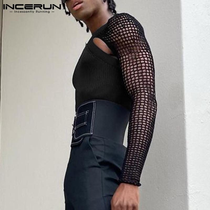 INCERUN S-5XL Summer Mens Fashion Long Sleeved Bare-midriff Tops Sleeveless O-neck Undershirt Mesh See-through Shirts Black Clubwear