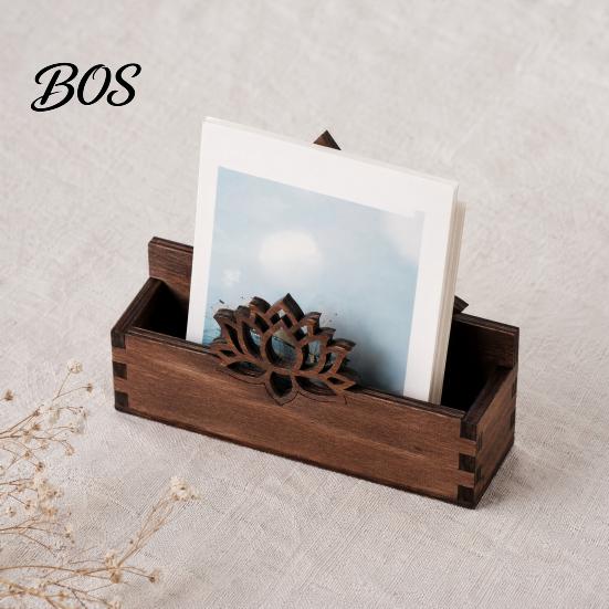 Office Desk Accessory Wooden Lotus Business Card Holder, Vintage Hollowed Name One Hand Holder Case for Desk, Rustic Organizer Zen
