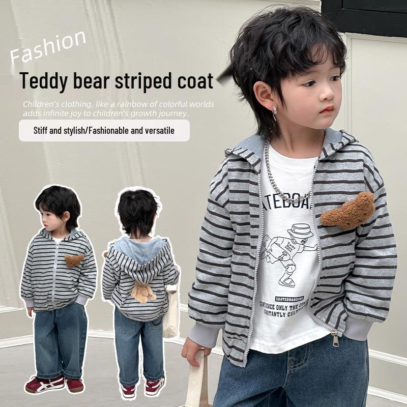 Детский полосатый кардиган с капюшоном: Повседневный и модный для осени/зимы.