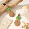 Three-dimensional Pineapple Earrings 1 Pair Handmade Raffia for Women, Boho Straw Hand-Woven Summer Beach Skirt Jewelry Dangle Earrings, Natural