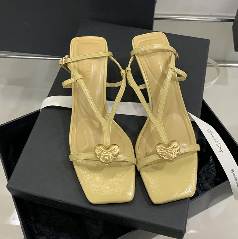 Women'S Shoes Metal Buckle Ankle Strap Square Toe Thin Heel Open Toe Summerthinbeltsocialite Sandalsskirt-Matching Shoes