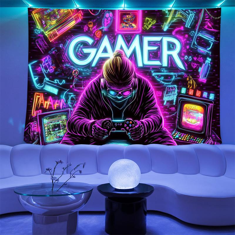 VIKAMA GAMER Гобелен неоновых оттенков Декор в стиле ретро-гейминга для киберспортивных комнат Настенное искусство для игрового пространства