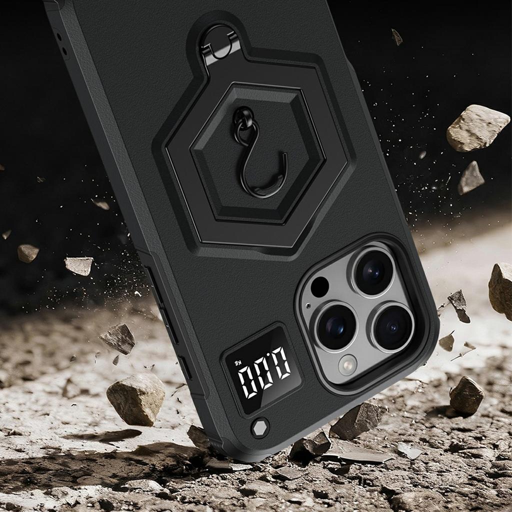 For iPhone 16 Pro Case Hexagonal Kickstand Shockproof TPU PC Matte Phone Cover with Integrated Scale Hook