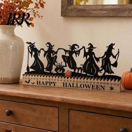 Halloween Office Decor Dancing Witch Countdown Table Ornament, Rustic Wooden Home Handcrafted Art for Party Centerpiece, Spooky Haunted House Tabletop