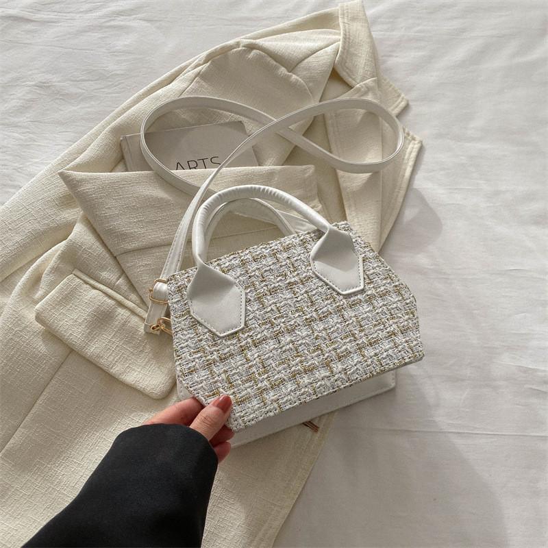 Trendy Fashionable Small Square Shoulder Bag In Black White And Plaid For Everyday Use