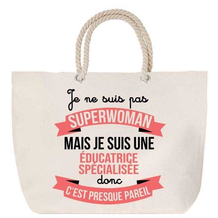 Sac de plage - PLANETEE - Educatrice Spécialisée Superwoman - Anse corde - Coton - Grand format