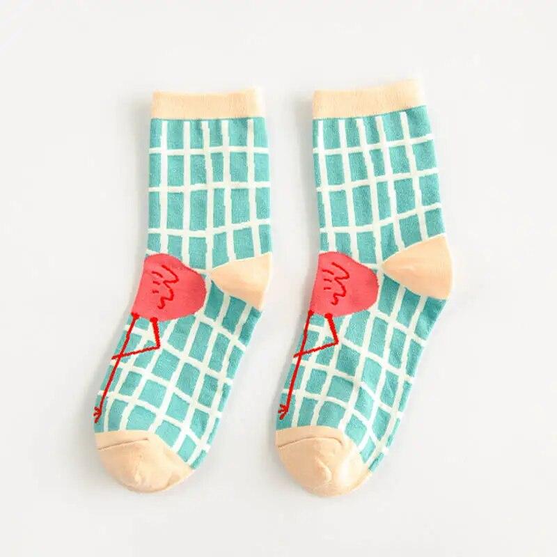 Новые хлопковые носки с фламинго, женские красочные женские забавные носки в стиле Харадзюку, зимние дешевые винные носки, носки для счастливой девушки