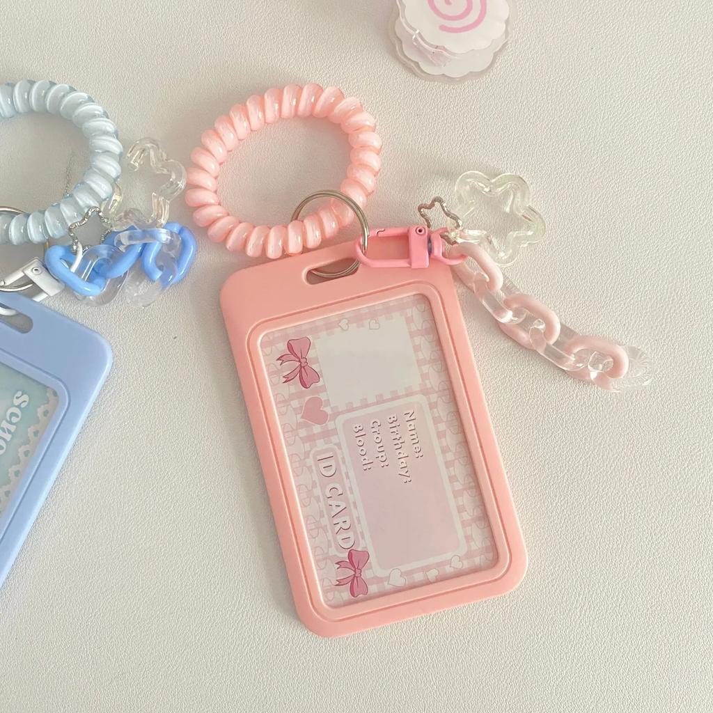 Cute Square Kpop Card Holder Girl Bow Heart-Shaped Keychain Idol Holder Student Campus Card Bus Card Clip