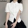 Women Turn-down Collar Short Sleeve Slim Waist Casual Short Blouse
