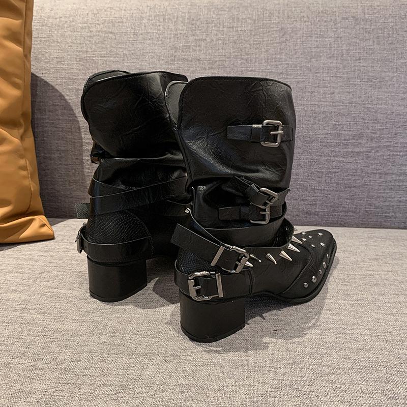 Модные ботильоны с острым носом в стиле панк с заклепками, на толстом каблуке, из кожи, для верховой езды