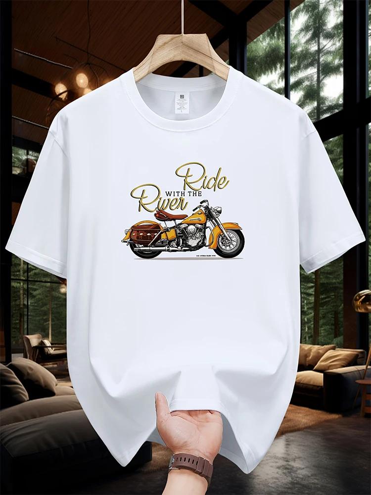 Motorcycle Printed Tshirt Mens Summer 100 Cotton Daily Street Fashion Tshirt Loose Breathable Round Neck Short Sleeve Top