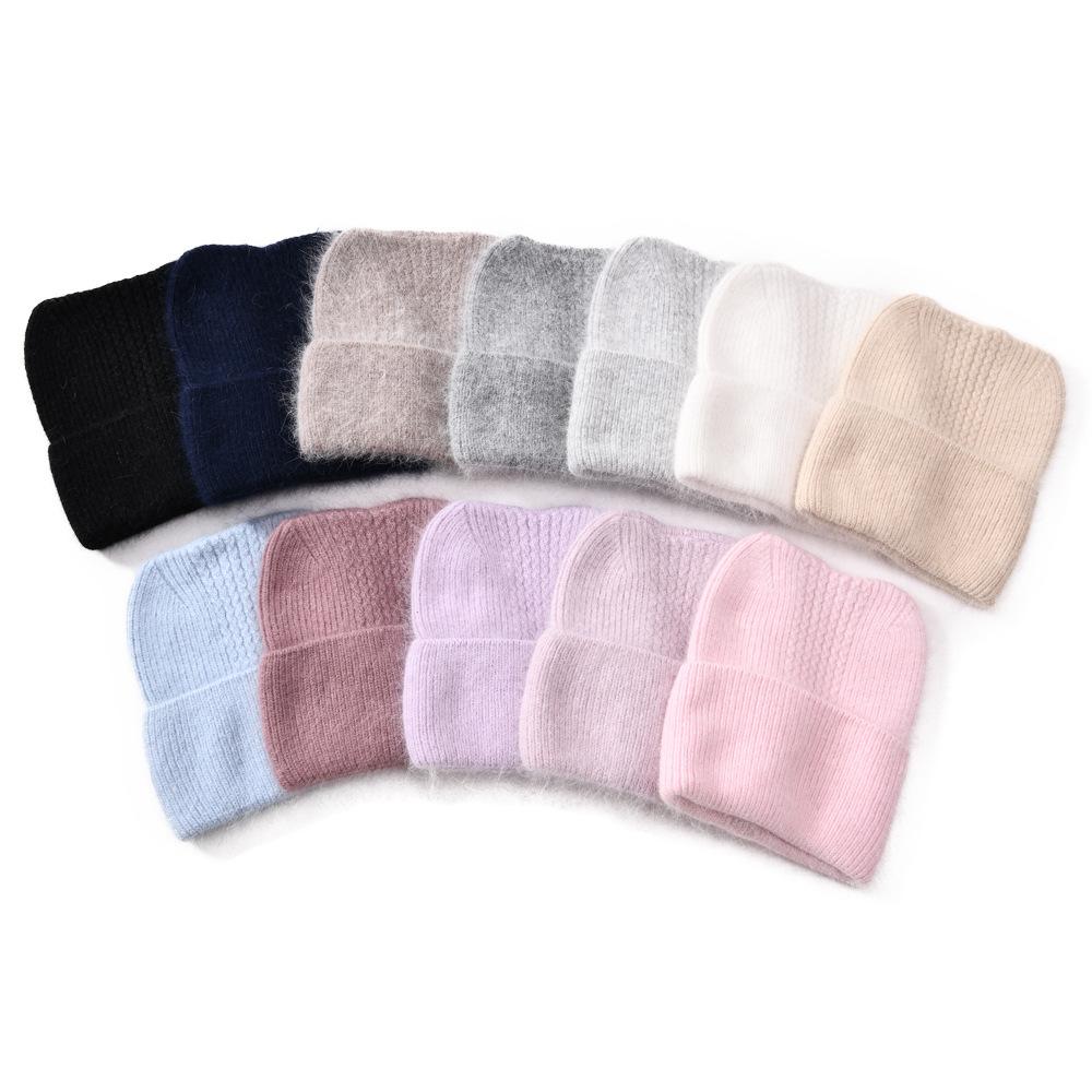 Autumn and winter new solid color ruffled cat ear hat warm wool hat angora rabbit down rabbit hair knitted hat cold hat