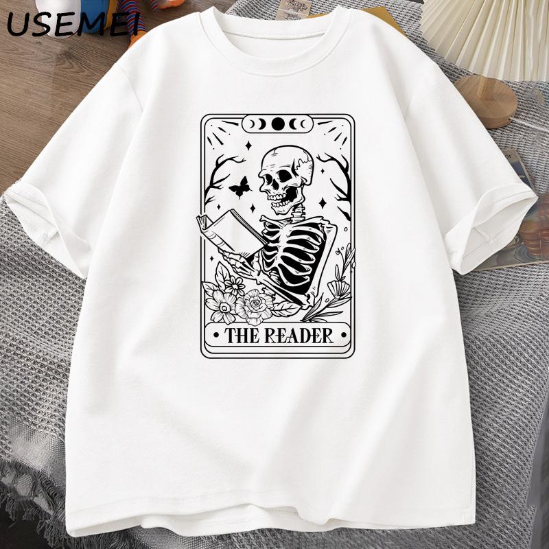 The Reader Tarot Card TShirt Skeleton Reading T Shirt Summer Cotton Book Lover Bookish Tshirt Unisex Women Unisex Oversized Tees