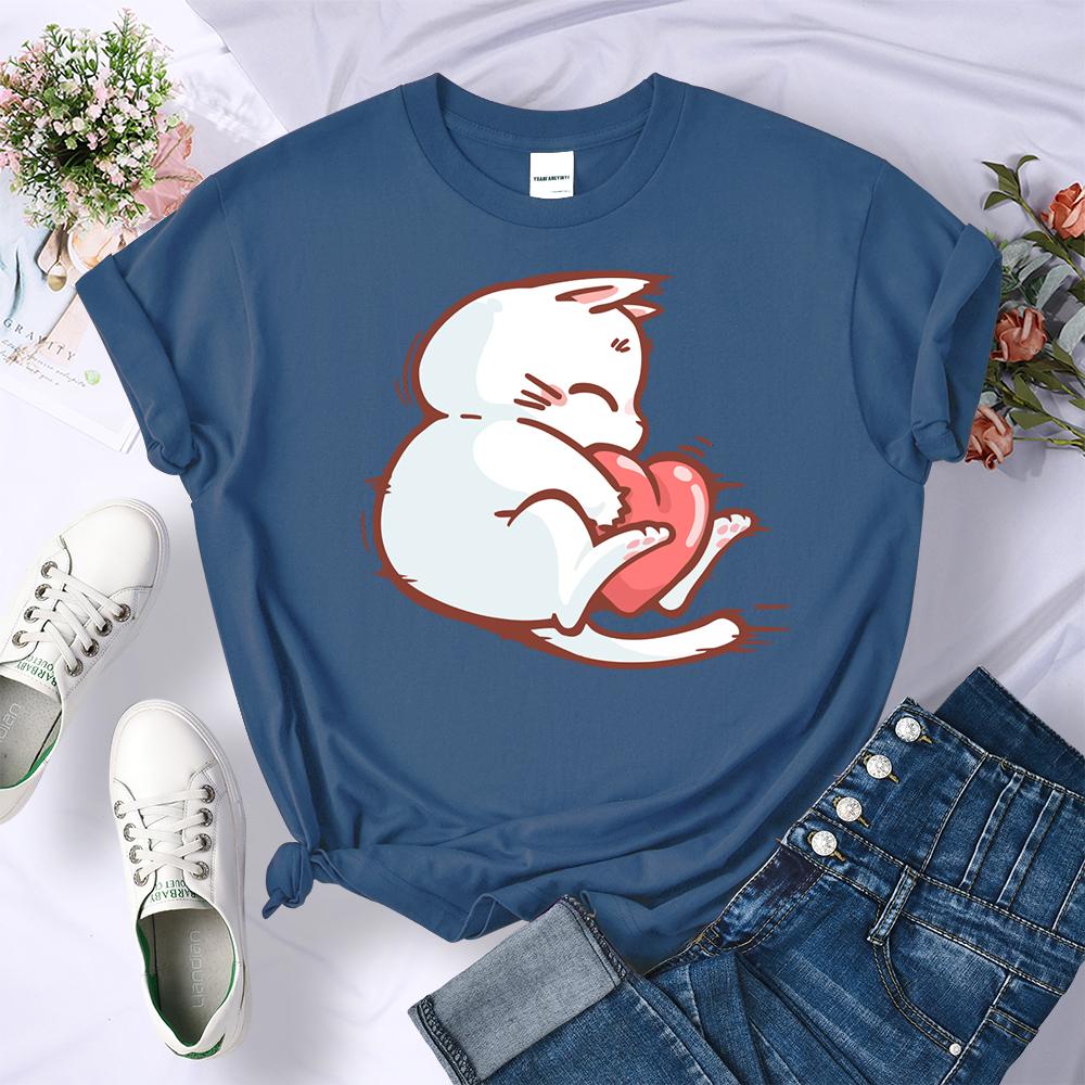 Embrace The Red Heart White Cat Летняя женская футболка с 3D-печатью в стиле хип-хоп Мягкие футболки Универсальная одежда Y2K Повседневная уличная одежда с круглым вырезом