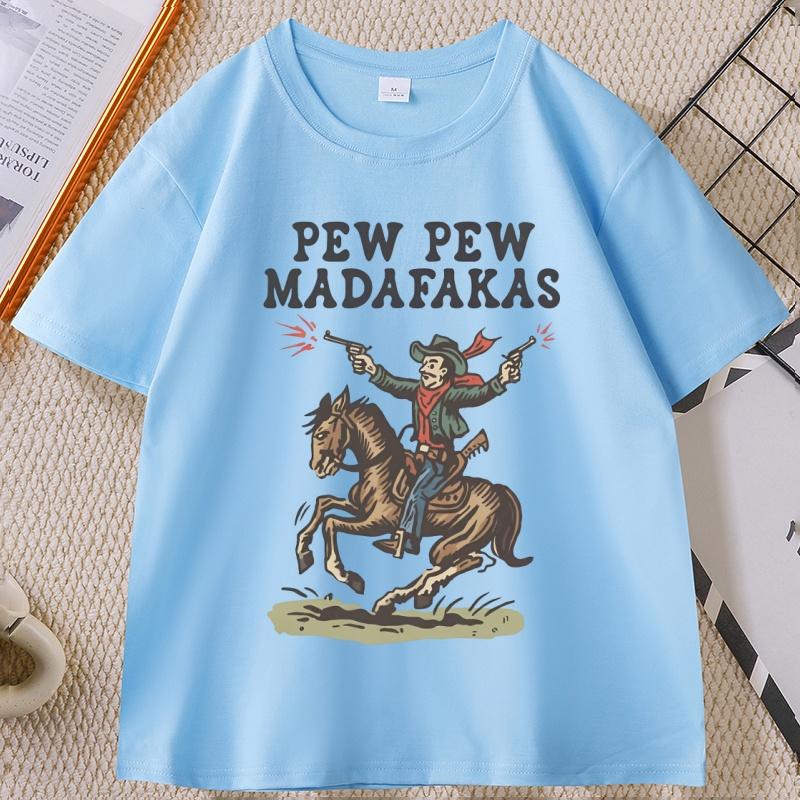 Retro Cowboy TShirt Pew Pew Madafakas Tshirt Funny Western Vintage Graphic Tee Cotton Short Sleeve Printed T Shirt Clothes