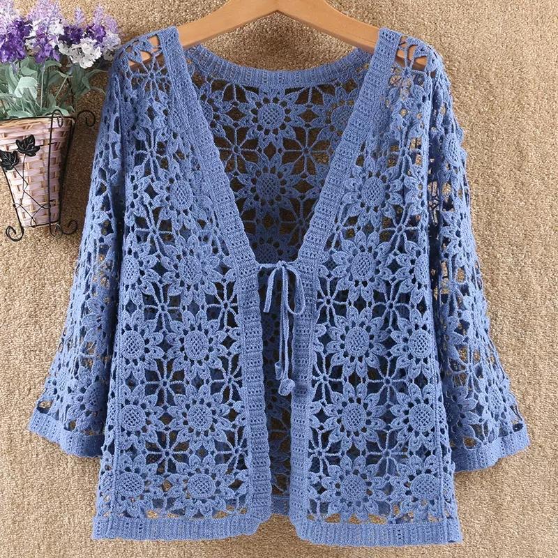 Sexy Hollow Lace Sunscreen Cardigan Sweater Women Wide Loose Air Conditioning Knitted Sweater Thin Section Female Spring Autumn