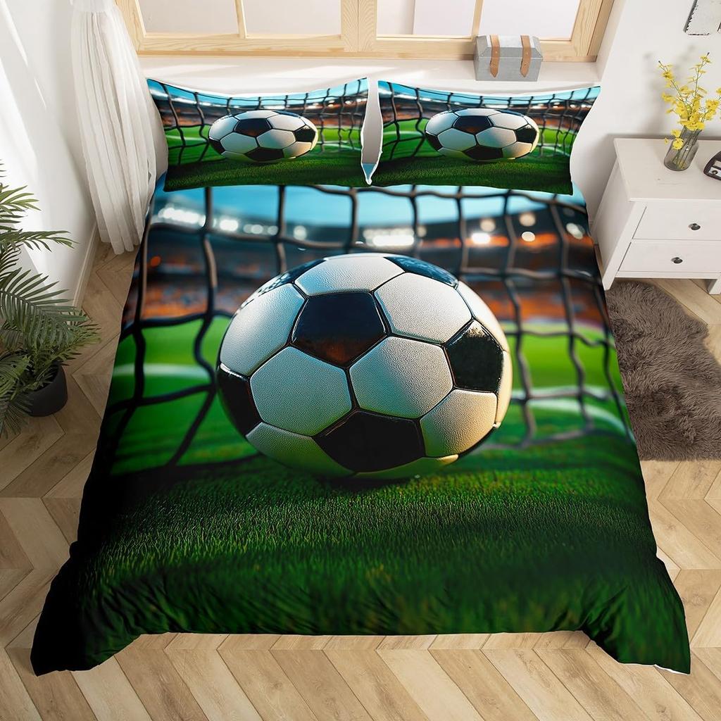 Sports Duvet Cover Set Microfiber Green Grass Field Soccer Playground Comforter Cover 3D Football Bedding Set King Queen Size