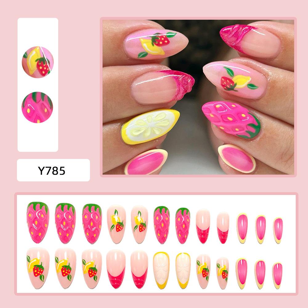 Sweet Pink Fresh Fruit Wearable Nails Cherry Lemon Manicure Fake Nails 3D Nail Patch