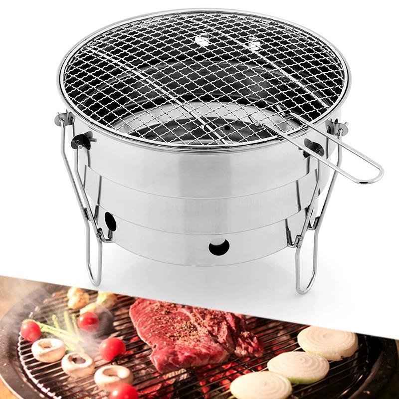 Outdoor round Grill 3-layer charcoal BBQ stainless steel folding grill for picnic camping 2-3 people barbecue grills