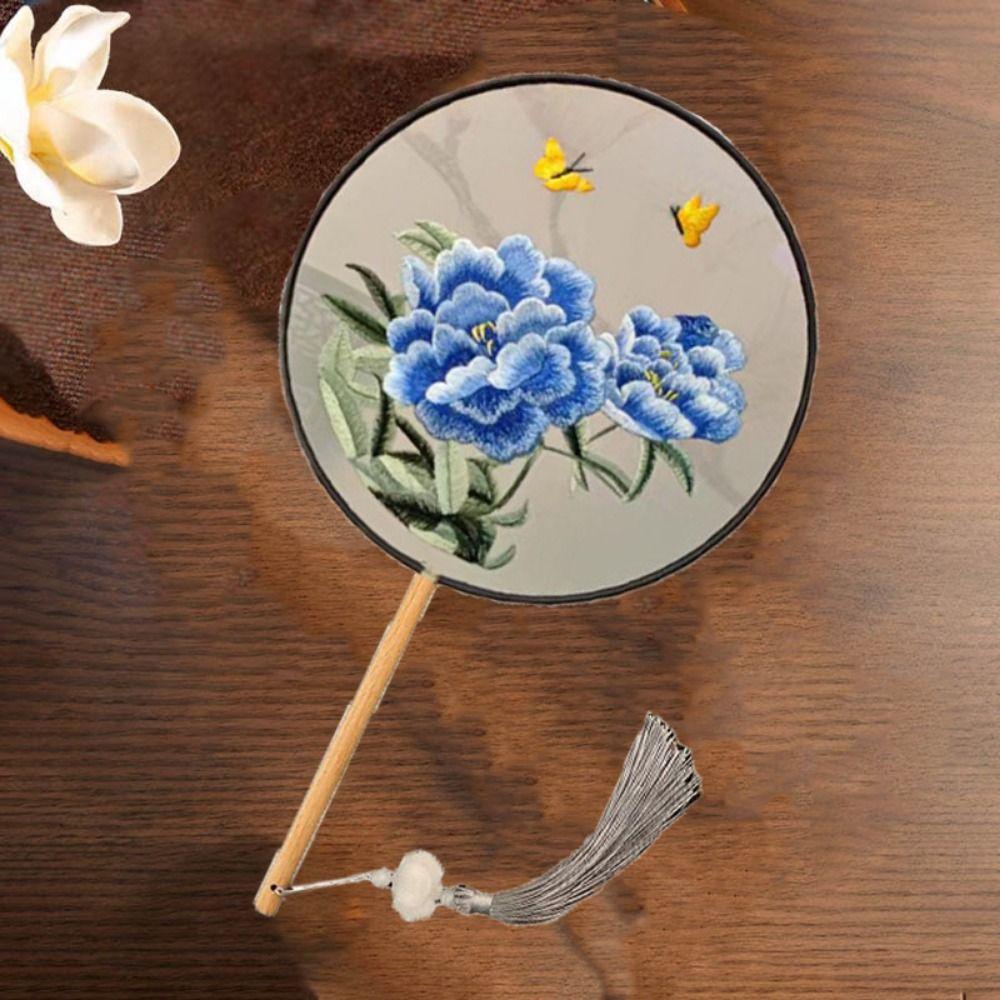 Chinese Style Embroidered Round Fan Wooden Handle Hanfu Tuan Fan  for Home Decoration