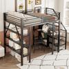 Loft Bed 140*200cm, Three-Layer Storage Shelf, Desk, Wardrobe, Safety Steps with Storage Compartment, High Fence Design, Iron Bed, Single Bed, Black