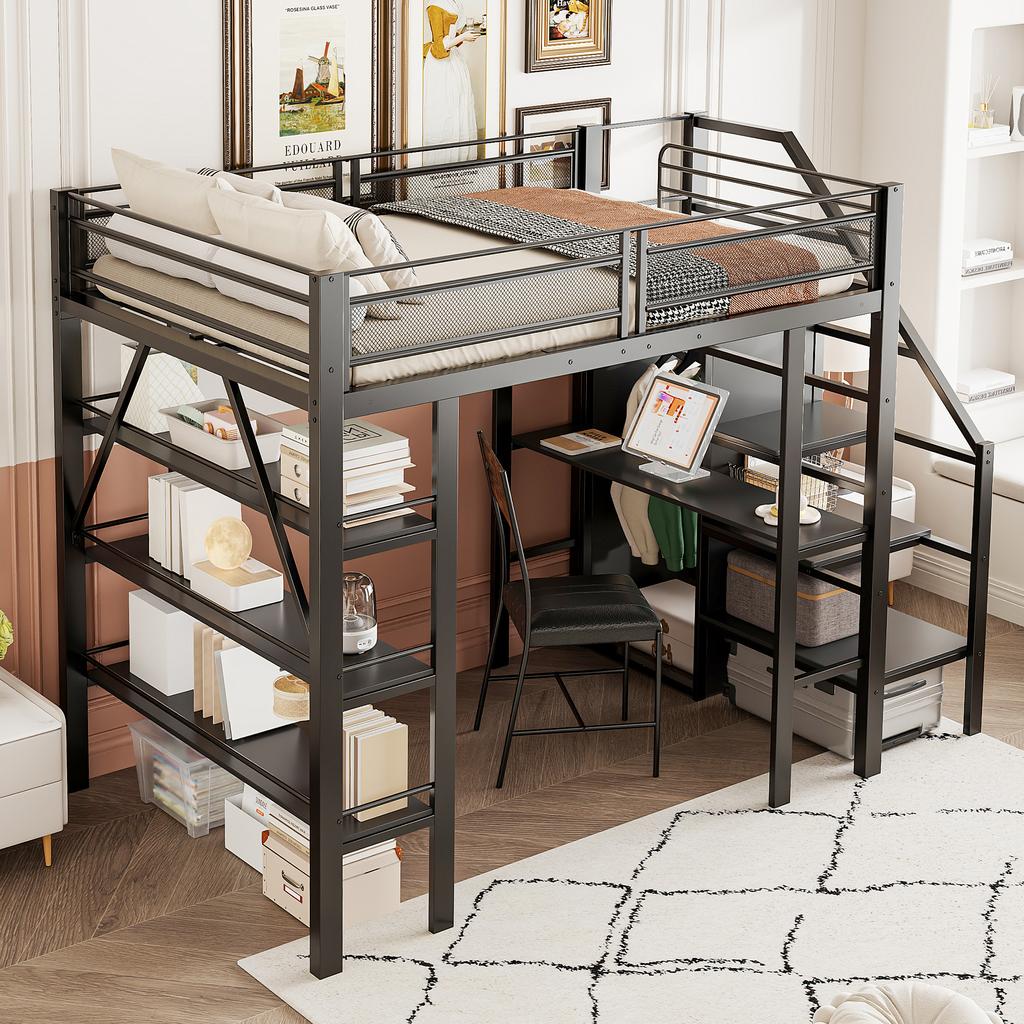 Loft Bed 140*200cm, Three-Layer Storage Shelf, Desk, Wardrobe, Safety Steps with Storage Compartment, High Fence Design, Iron Bed, Single Bed, Black