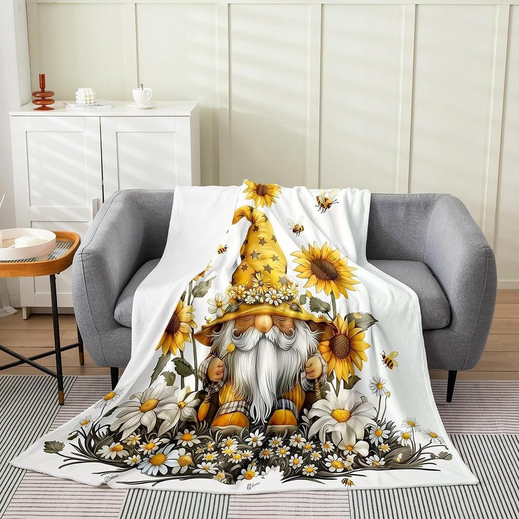 Gnome Yellow Sunflower Microfiber Fleece Throw Blanket Queen For Kids Boys Girls, Gnome Dwarf All Seasons Flannel Blanket For