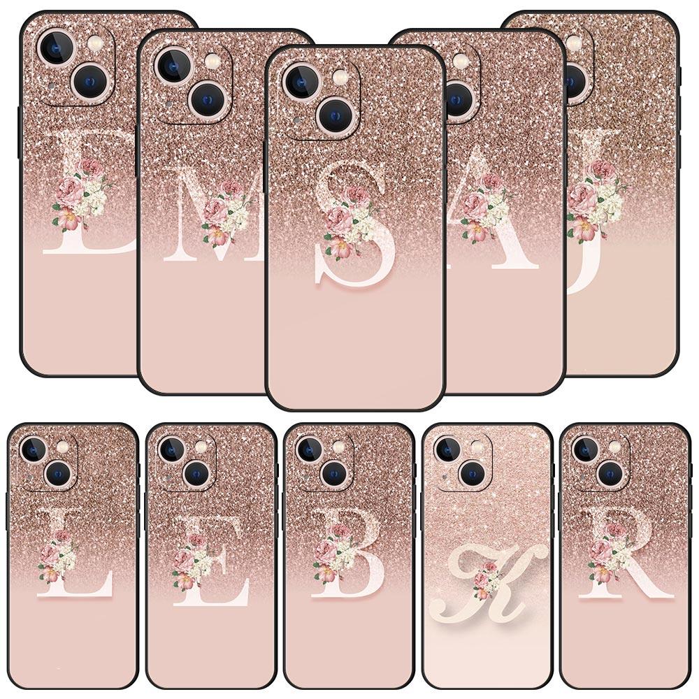Чехол для телефона с розовой буквой, блестящий, для iPhone 17 16 15 Pro Max 11 12 13 14 7 8 Plus SE 2020 X XR XS, мягкий, черный