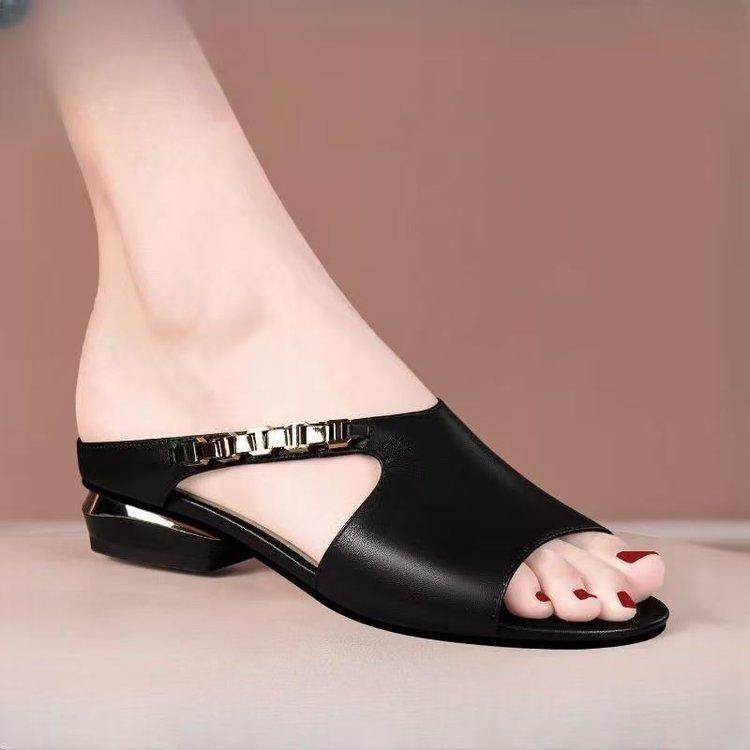 Soft Leather Open-toed Hollow Flat-heeled Cool Slippers Women's Summer Wear Flat-bottomed Fashion Chain Versatile Low-heeled One-word Women's Shoes