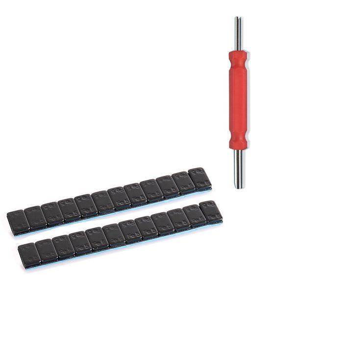 Set: Masses d'équilibrage 2 pièces 12x5g + Démonte soupape / clé