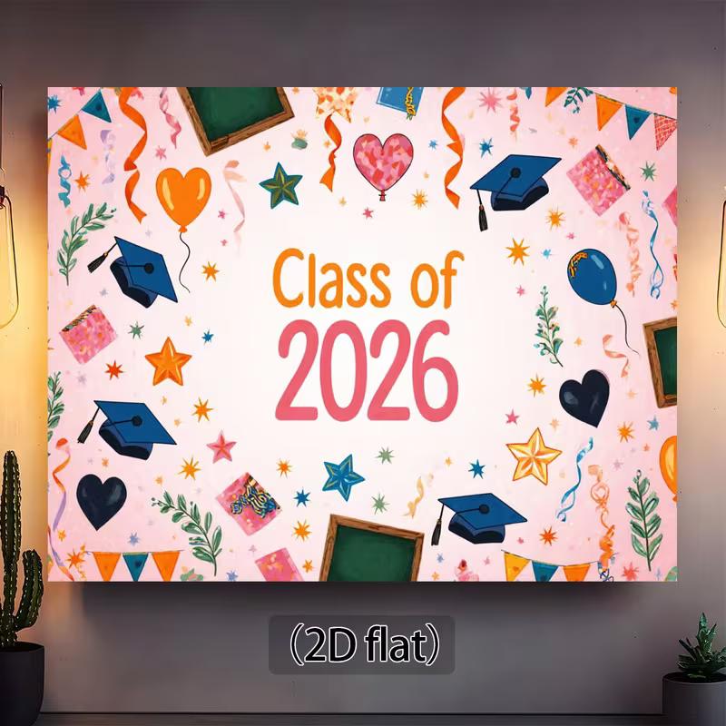 2D Class of 2026 Grad Banner, Cute Pink Background with Stars