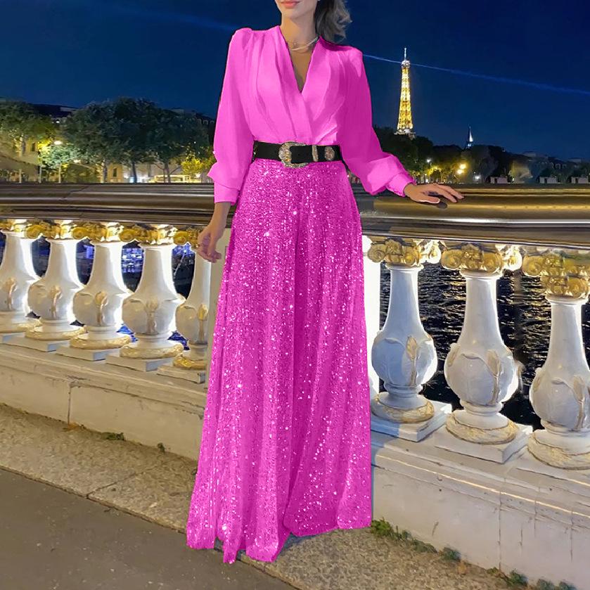 Модные женские французские брюки с широкими штанинами, платье с V-образным вырезом и длинными рукавами, с пайетками на талии, для весны и осени