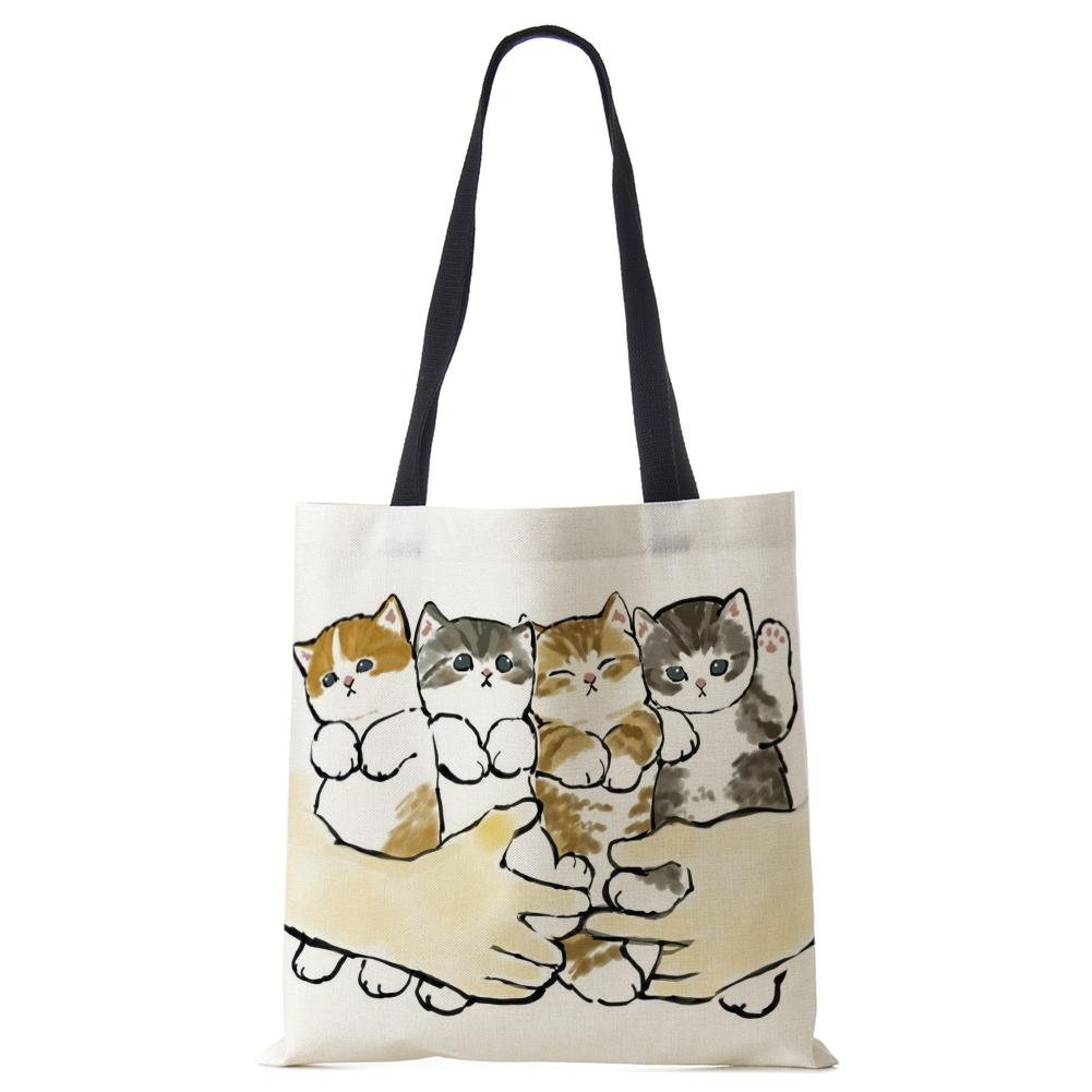 Женская сумка с милым животным кошачьим принтом, повседневная складная сумка-тоут для покупок в стиле Харадзюку, многоразовые сумки на плечо большой емкости