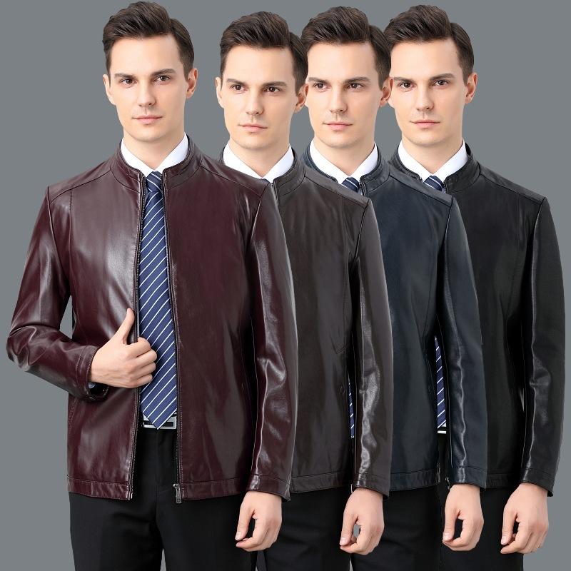 Кожаная куртка нового стиля для молодых и мужчин среднего возраста, осенняя тонкая овчина плюс бархат, куртка из кожи со стойкой, мужская одежда для папы
