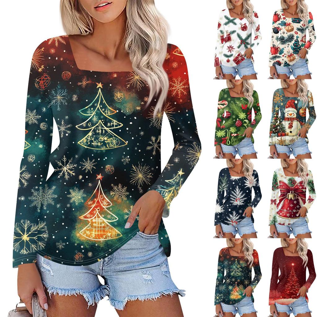 Женская модная повседневная рубашка с длинными рукавами и рождественским принтом с квадратным вырезом и длинными рукавами