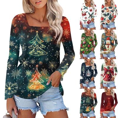Женская модная повседневная рубашка с длинными рукавами и рождественским принтом с квадратным вырезом и длинными рукавами