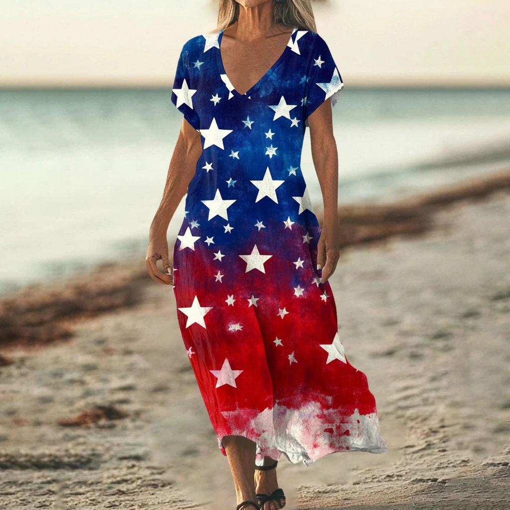 Flag Dress for Women 4Th Of July Dresses for Women Patriotic Dress Usa Dress with Star Print Loose Fit Summer Style
