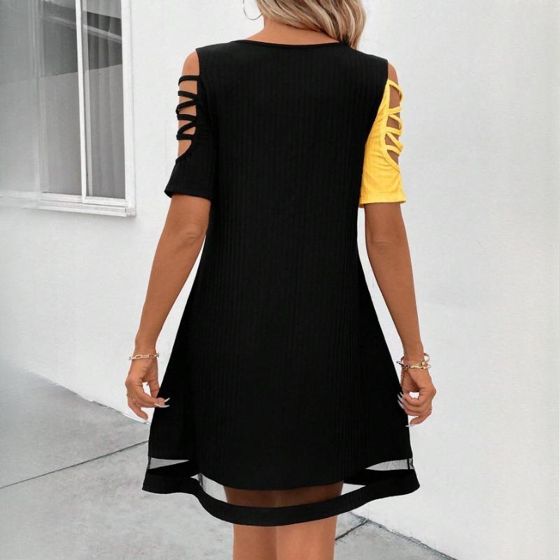GMXIA Women's Spring, Summer and Autumn Temperament Colour Splicing Hollow Mesh Clashing Colour Splicing Dress Midi Dresses