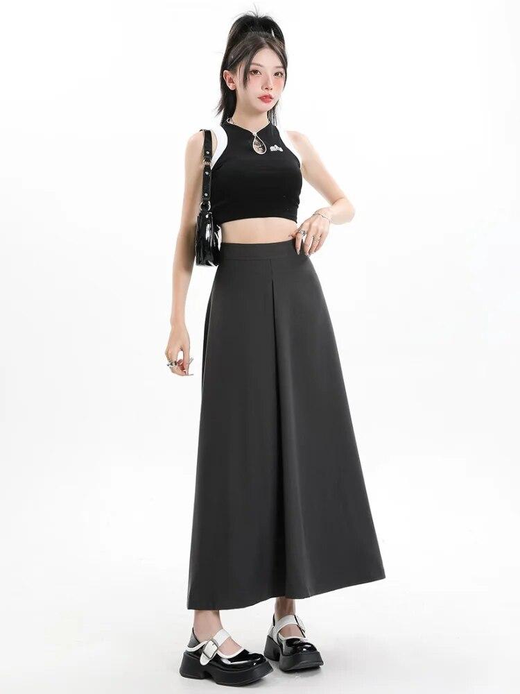 Винтажный серый костюм, юбка трапециевидной формы, женская весенне-осенняя плиссированная юбка средней длины с высокой талией, черная