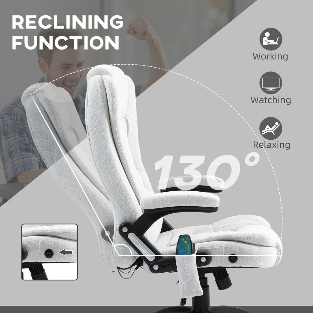 Massage Recliner Chair Heated Office Chair with Six Massage Points Linen-Feel Fabric 360 degrees Swivel Wheels Cream White