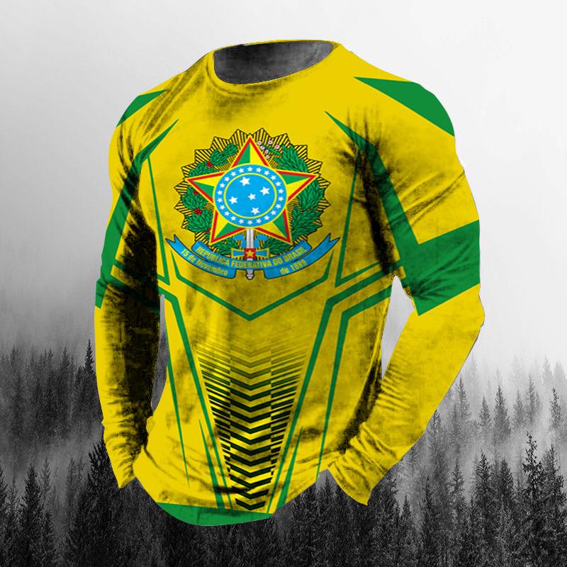 Винтажная осенняя мужская футболка с 3D принтом бразильского флага и круглым вырезом, повседневная футболка большого размера с длинными рукавами, модный пуловер, мужская одежда