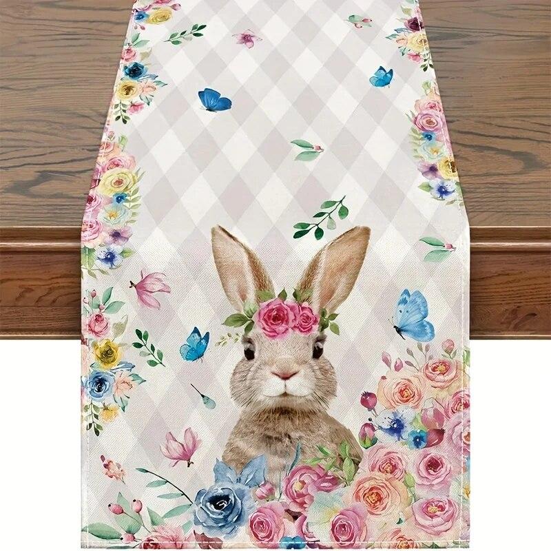 1pc Easter Table Runner, Bunny Rabbit Flowers Leaves Pink BuffaloPlaid Table Kitchen Dining Decoration For Indoor, Party Decor
